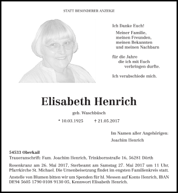 Traueranzeige von Elisabeth Henrich von trierischer_volksfreund