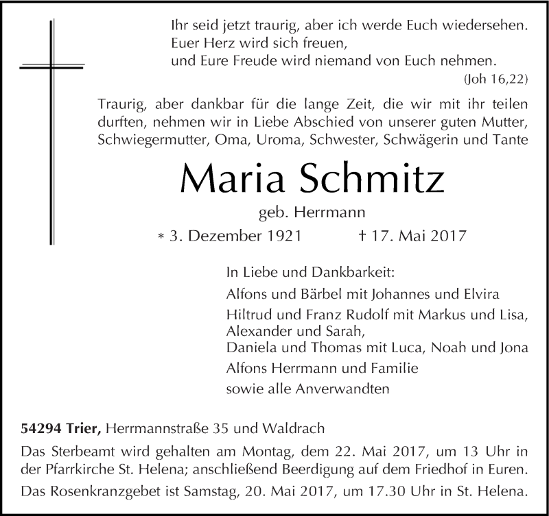  Traueranzeige für Maria Schmitz vom 19.05.2017 aus trierischer_volksfreund
