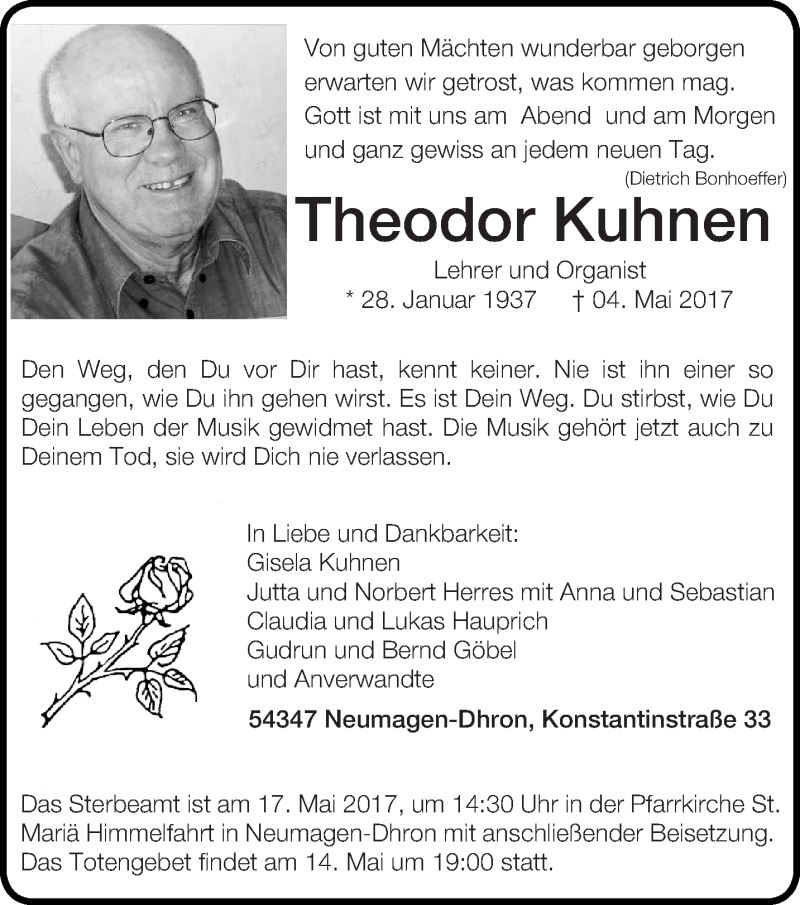  Traueranzeige für Theodor Kuhnen vom 08.05.2017 aus trierischer_volksfreund