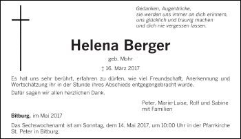 Traueranzeige von Helena Berger von trierischer_volksfreund