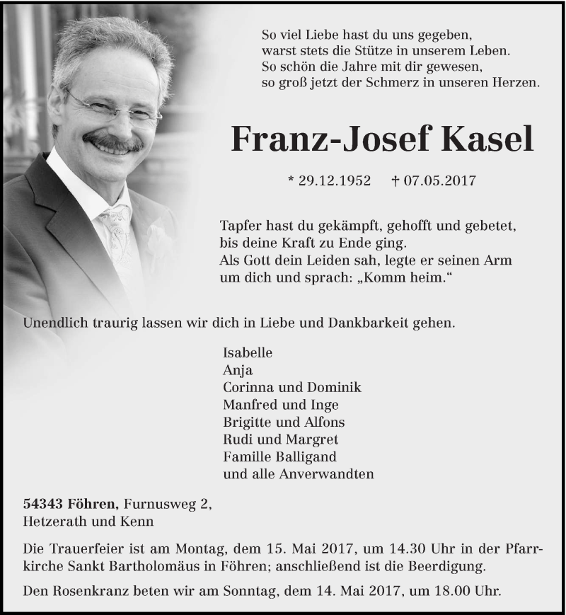  Traueranzeige für Franz-Josef Kasel vom 11.05.2017 aus trierischer_volksfreund