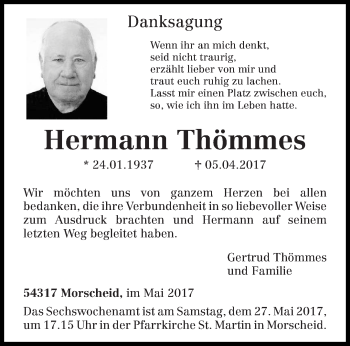 Traueranzeige von Hermann Thömmes von trierischer_volksfreund