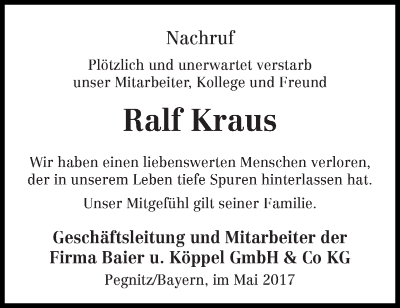  Traueranzeige für Ralf Kraus vom 16.05.2017 aus trierischer_volksfreund