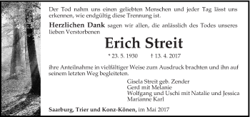 Traueranzeige von Erich Streit von trierischer_volksfreund