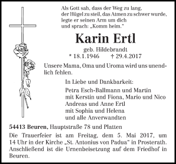 Traueranzeige von Karin Ertl von trierischer_volksfreund