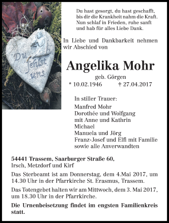 Traueranzeige von Angelika Mohr von trierischer_volksfreund