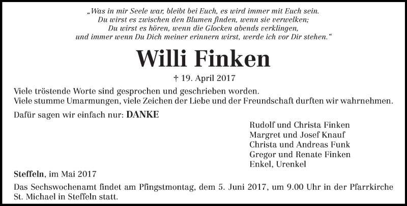  Traueranzeige für Willi Finken vom 27.05.2017 aus trierischer_volksfreund