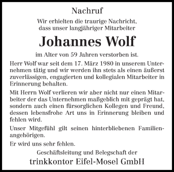 Traueranzeige von Johannes Wolf von trierischer_volksfreund