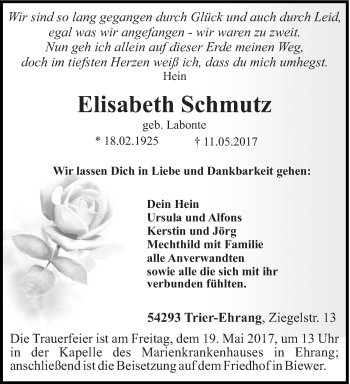 Traueranzeige von Elisabeth Schmutz von trierischer_volksfreund