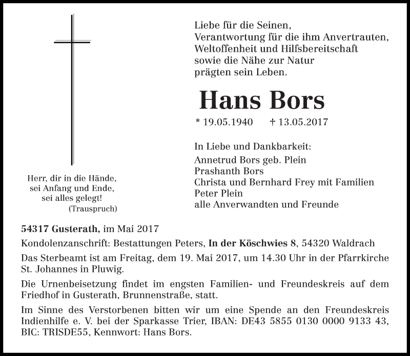  Traueranzeige für Hans Bors vom 16.05.2017 aus trierischer_volksfreund