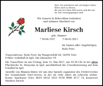 Traueranzeige von Marliese Kirsch von trierischer_volksfreund