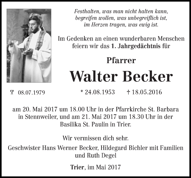  Traueranzeige für Walter Becker vom 13.05.2017 aus trierischer_volksfreund