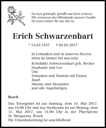 Traueranzeige von Erich Schwarzenbart von trierischer_volksfreund