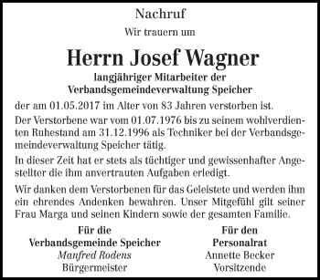 Traueranzeige von Josef Wagner von trierischer_volksfreund