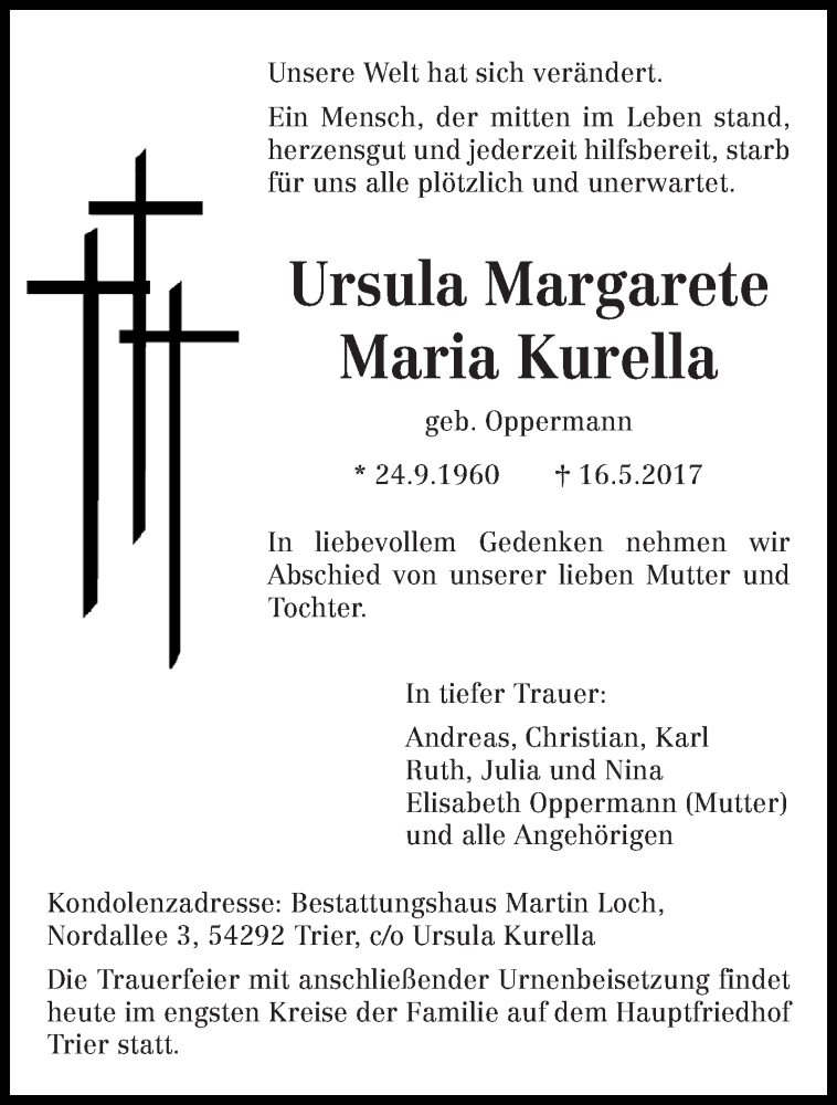  Traueranzeige für Ursula Margarete Maria Kurella vom 29.05.2017 aus trierischer_volksfreund