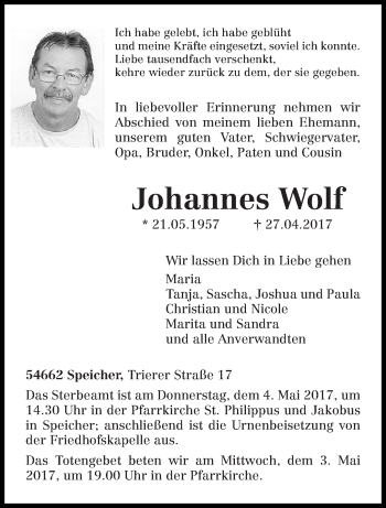 Traueranzeige von Johannes Wolf von trierischer_volksfreund