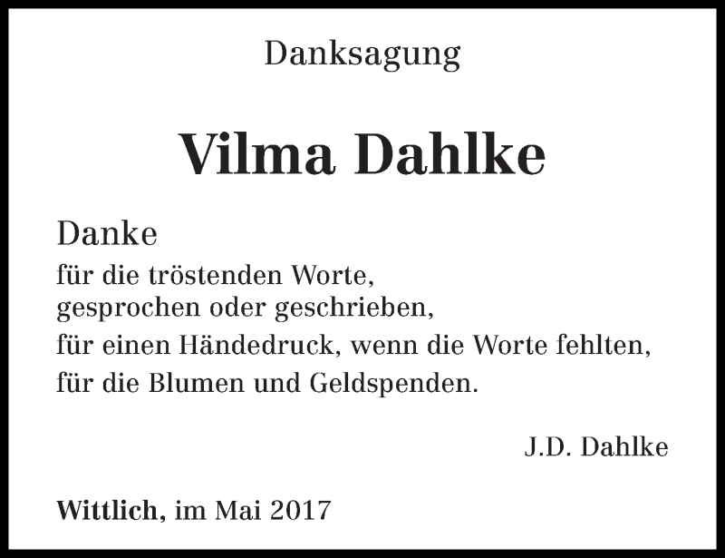  Traueranzeige für Vilma Dahlke vom 06.05.2017 aus trierischer_volksfreund