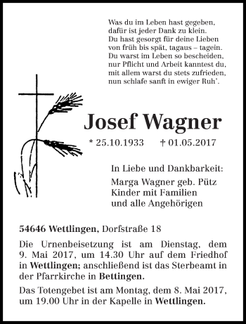 Traueranzeige von Josef Wagner von trierischer_volksfreund