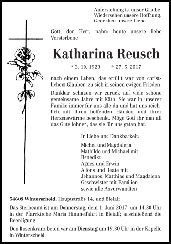 Traueranzeige von Katharina Reusch von trierischer_volksfreund