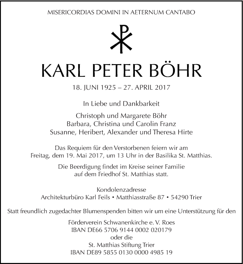  Traueranzeige für Karl Peter Böhr vom 06.05.2017 aus trierischer_volksfreund