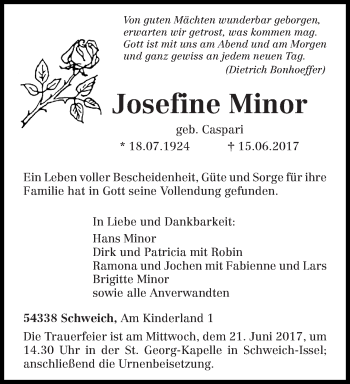 Traueranzeige von Josefine Minor von trierischer_volksfreund