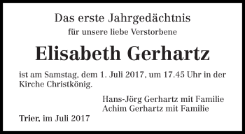 Traueranzeige von Elisabeth Gerhartz von trierischer_volksfreund