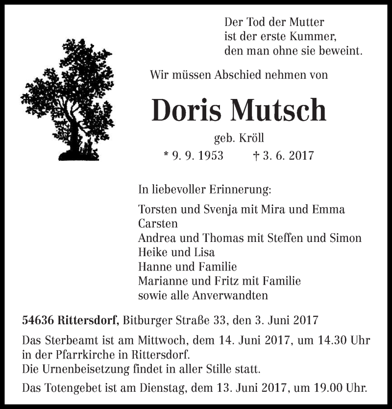  Traueranzeige für Doris Mutsch vom 10.06.2017 aus trierischer_volksfreund