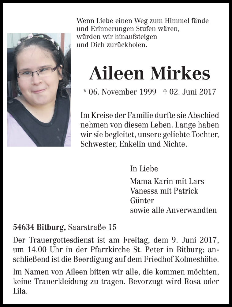  Traueranzeige für Aileen Mirkes vom 07.06.2017 aus trierischer_volksfreund
