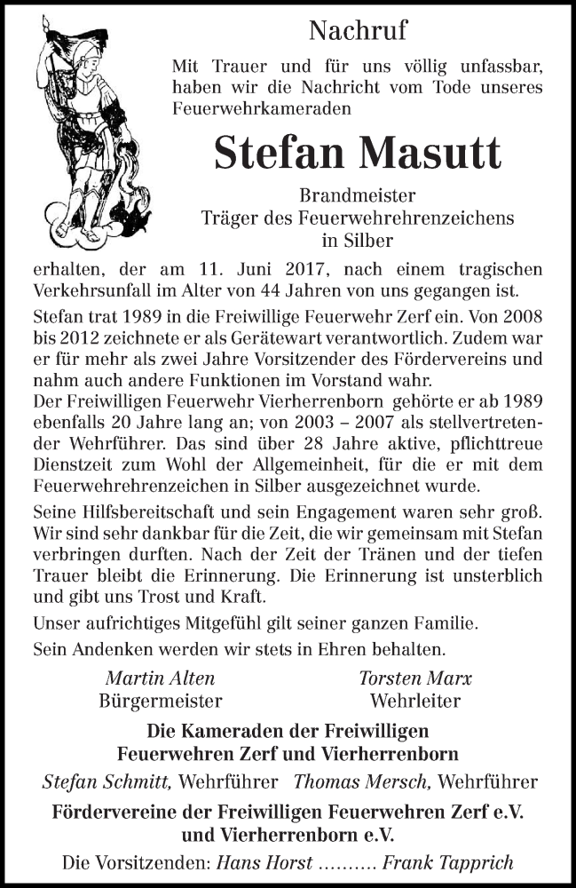  Traueranzeige für Stefan Masutt vom 16.06.2017 aus trierischer_volksfreund
