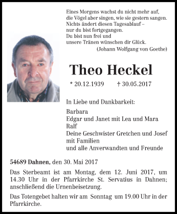 Traueranzeige von Theo Heckel von trierischer_volksfreund