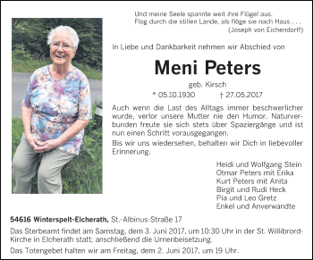Traueranzeige von Meni Peters von trierischer_volksfreund
