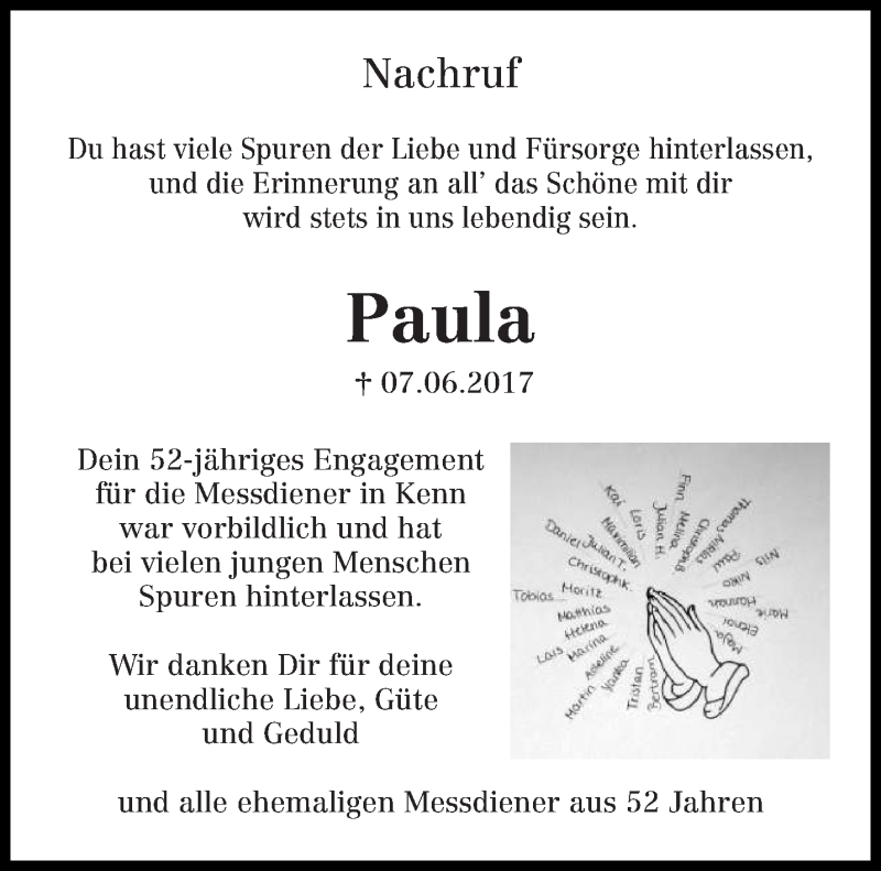  Traueranzeige für Paula Schneider vom 10.06.2017 aus trierischer_volksfreund