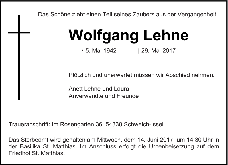  Traueranzeige für Wolfgang Lehne vom 07.06.2017 aus trierischer_volksfreund