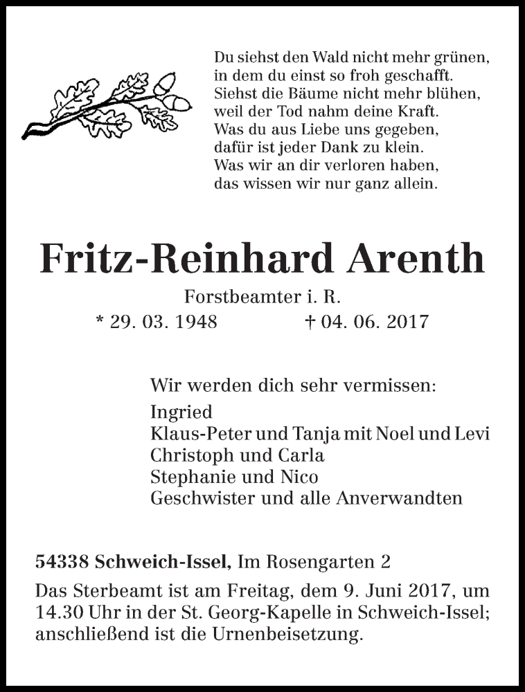 Traueranzeige für Fritz-Reinhard Arenth vom 06.06.2017 aus trierischer_volksfreund
