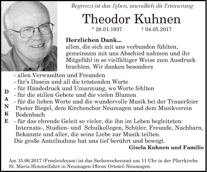  Traueranzeige für Theodor Kuhnen vom 10.06.2017 aus trierischer_volksfreund