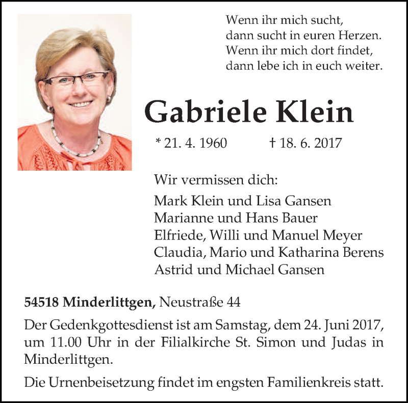  Traueranzeige für Gabriele Klein vom 22.06.2017 aus trierischer_volksfreund