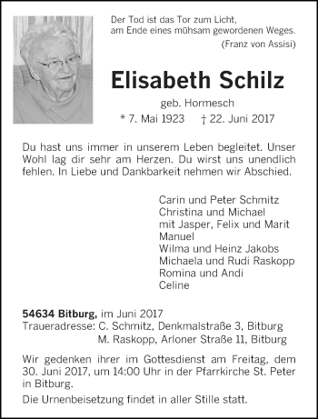 Traueranzeige von Elisabeth Schilz von trierischer_volksfreund