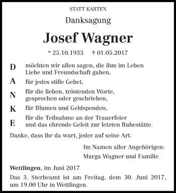 Traueranzeige von Josef Wagner von trierischer_volksfreund