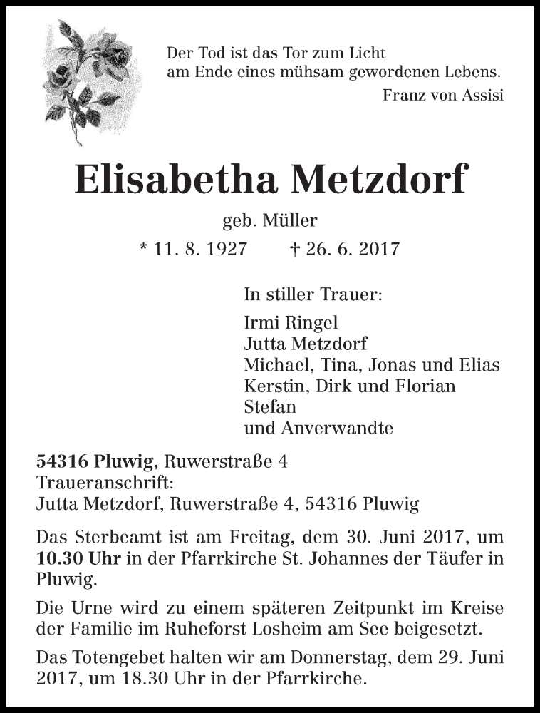  Traueranzeige für Elisabetha Metzdorf vom 28.06.2017 aus trierischer_volksfreund