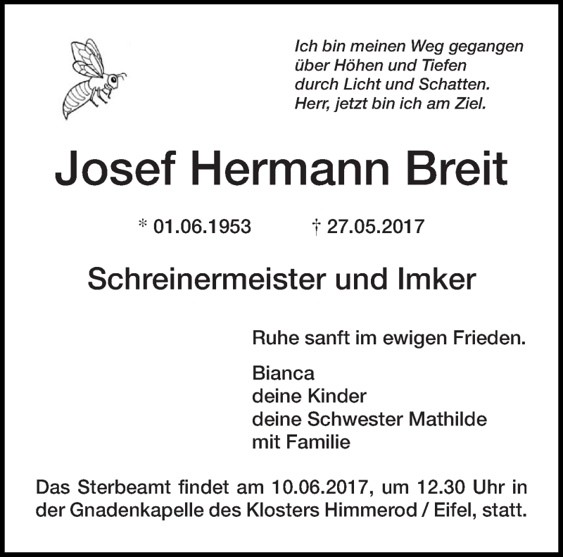  Traueranzeige für Josef Hermann Breit vom 03.06.2017 aus trierischer_volksfreund
