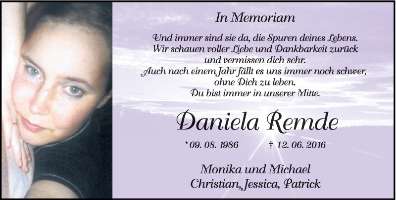  Traueranzeige für Daniela Remde vom 12.06.2017 aus trierischer_volksfreund
