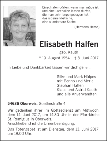 Traueranzeige von Elisabeth Halfen von trierischer_volksfreund
