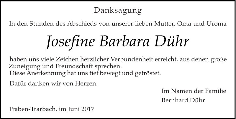  Traueranzeige für Josefine Barbara Dühr vom 14.06.2017 aus trierischer_volksfreund