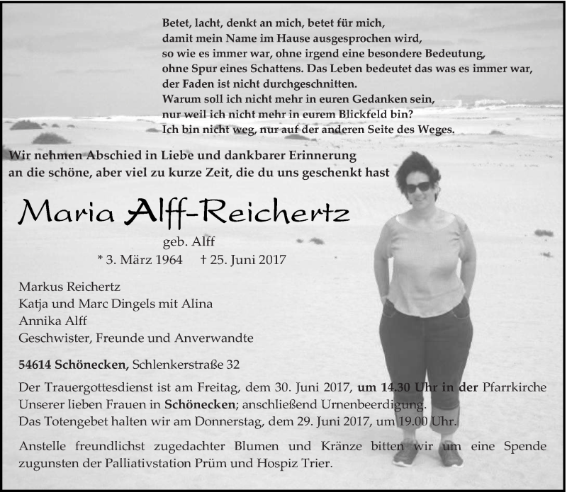  Traueranzeige für Maria Alff-Reichertz vom 27.06.2017 aus trierischer_volksfreund