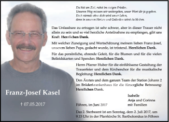 Traueranzeige von Franz-Josef Kasel von trierischer_volksfreund