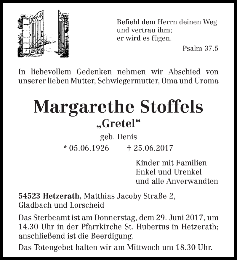  Traueranzeige für Margarethe Stoffels vom 27.06.2017 aus trierischer_volksfreund