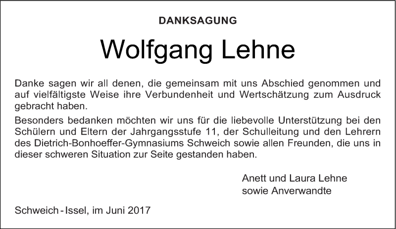  Traueranzeige für Wolfgang Lehne vom 28.06.2017 aus trierischer_volksfreund