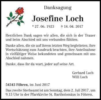Traueranzeige von Josefine Loch von trierischer_volksfreund