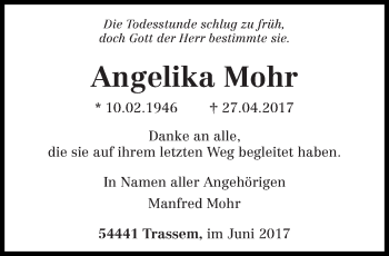 Traueranzeige von Angelika Mohr von trierischer_volksfreund