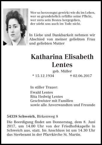 Traueranzeige von Katharina Elisabeth Lentes von trierischer_volksfreund